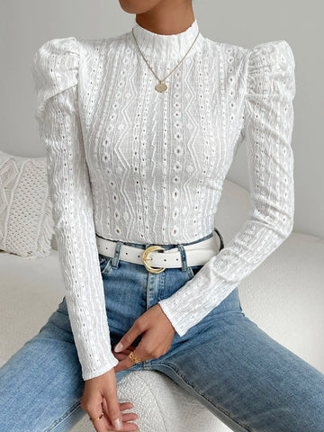 Felegant Mock Neck Gigot Sleeve Eyelet Embroidery Tee