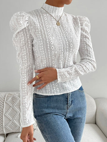 Felegant Mock Neck Gigot Sleeve Eyelet Embroidery Tee