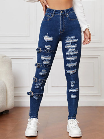 Ripped Grommet Eyelet Buckled Jeans