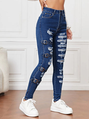 Ripped Grommet Eyelet Buckled Jeans