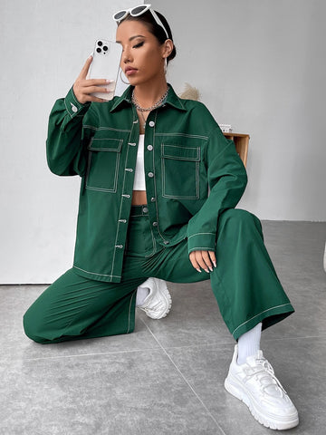 Contrast Binding Drop Shoulder Shirt & Wide Leg Pants