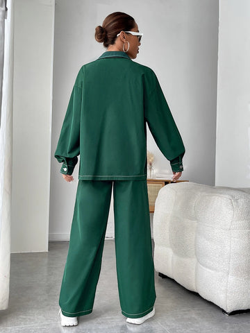 Contrast Binding Drop Shoulder Shirt & Wide Leg Pants