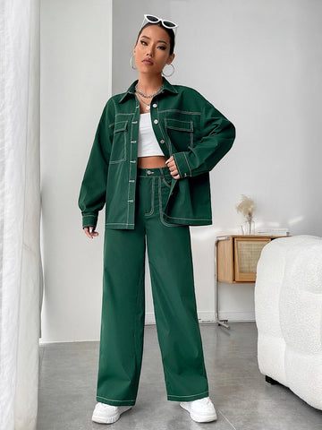 Contrast Binding Drop Shoulder Shirt & Wide Leg Pants