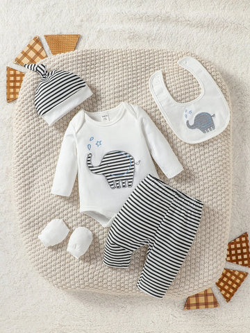 Newborn Baby Cartoon Embroidery Bodysuit & Striped Pants & Hat & Bib