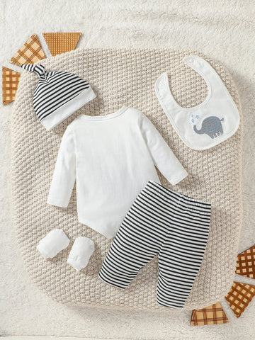 Newborn Baby Cartoon Embroidery Bodysuit & Striped Pants & Hat & Bib