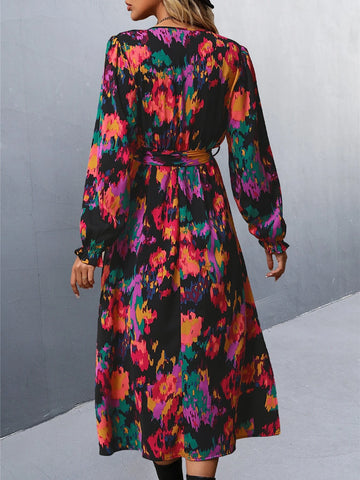 Allover Print Split Thigh Flounce Sleeve Belted Dress