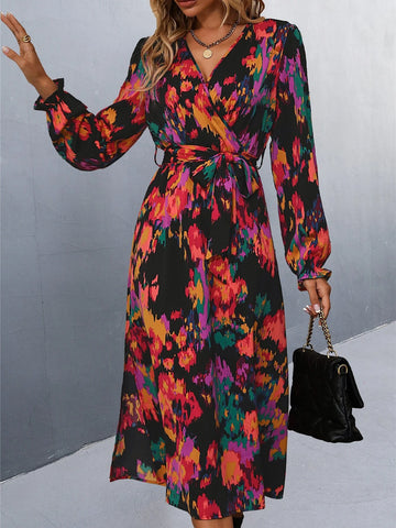 Allover Print Split Thigh Flounce Sleeve Belted Dress