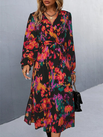 Allover Print Split Thigh Flounce Sleeve Belted Dress
