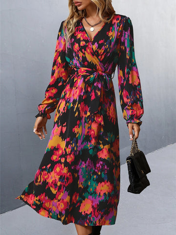 Allover Print Split Thigh Flounce Sleeve Belted Dress