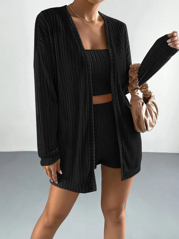 Drop Shoulder Open Front Coat & Tube Top & Shorts