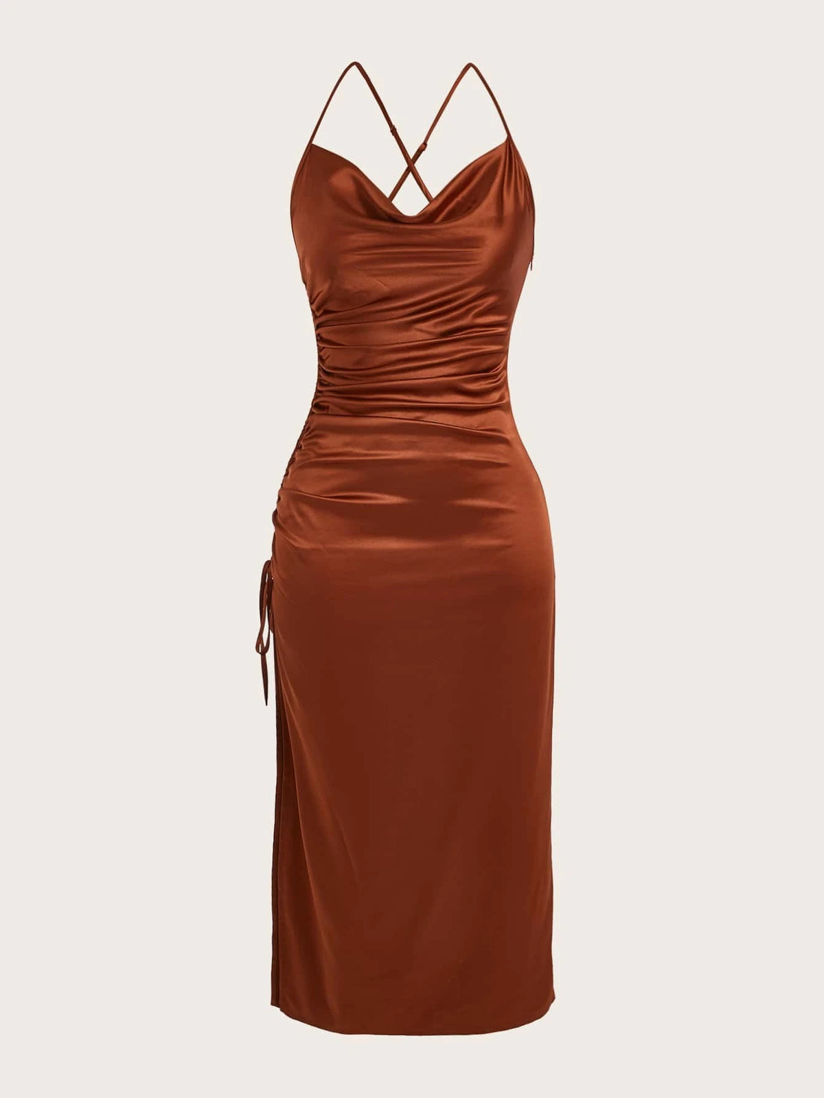 Draped Drawstring Side Split Thigh Satin Cami Dress