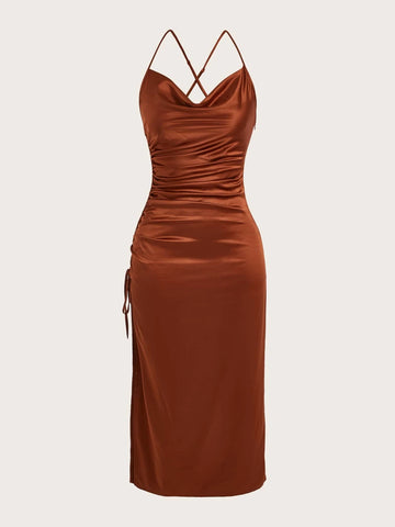 Draped Drawstring Side Split Thigh Satin Cami Dress