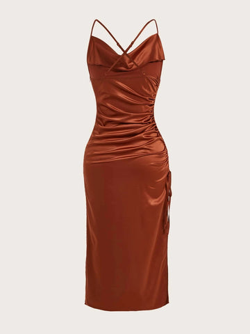 Draped Drawstring Side Split Thigh Satin Cami Dress