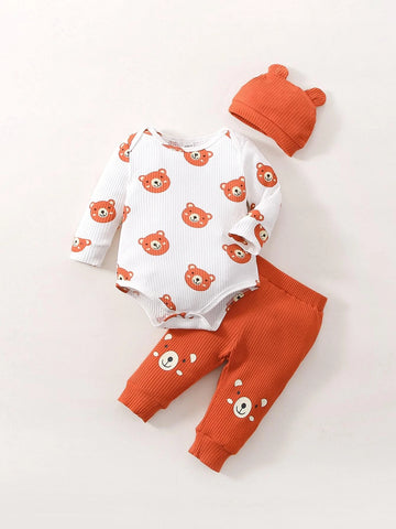 Newborn Baby Cartoon Graphic Bodysuit & Pants & Hat