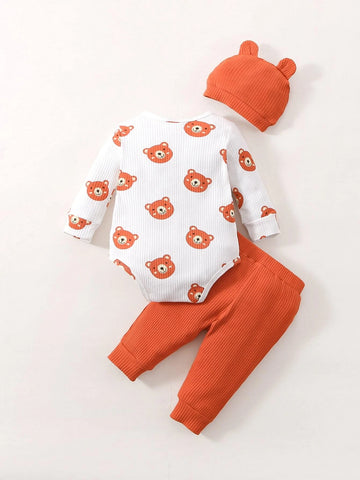 Newborn Baby Cartoon Graphic Bodysuit & Pants & Hat