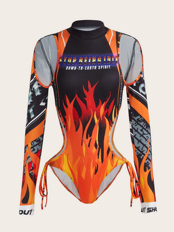 Letter & Fire Print Cut Out Bodysuit