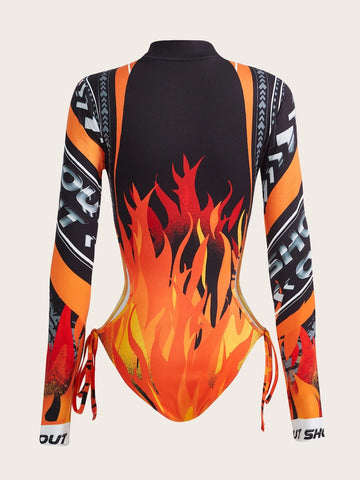 Letter & Fire Print Cut Out Bodysuit