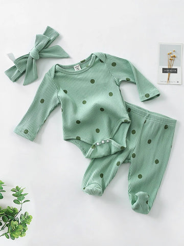 Baby Polka Dot Print Sleep Bodysuit & Footed Sleep Pants & Headband