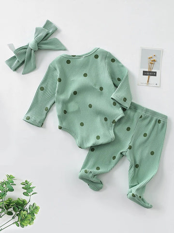 Baby Polka Dot Print Sleep Bodysuit & Footed Sleep Pants & Headband