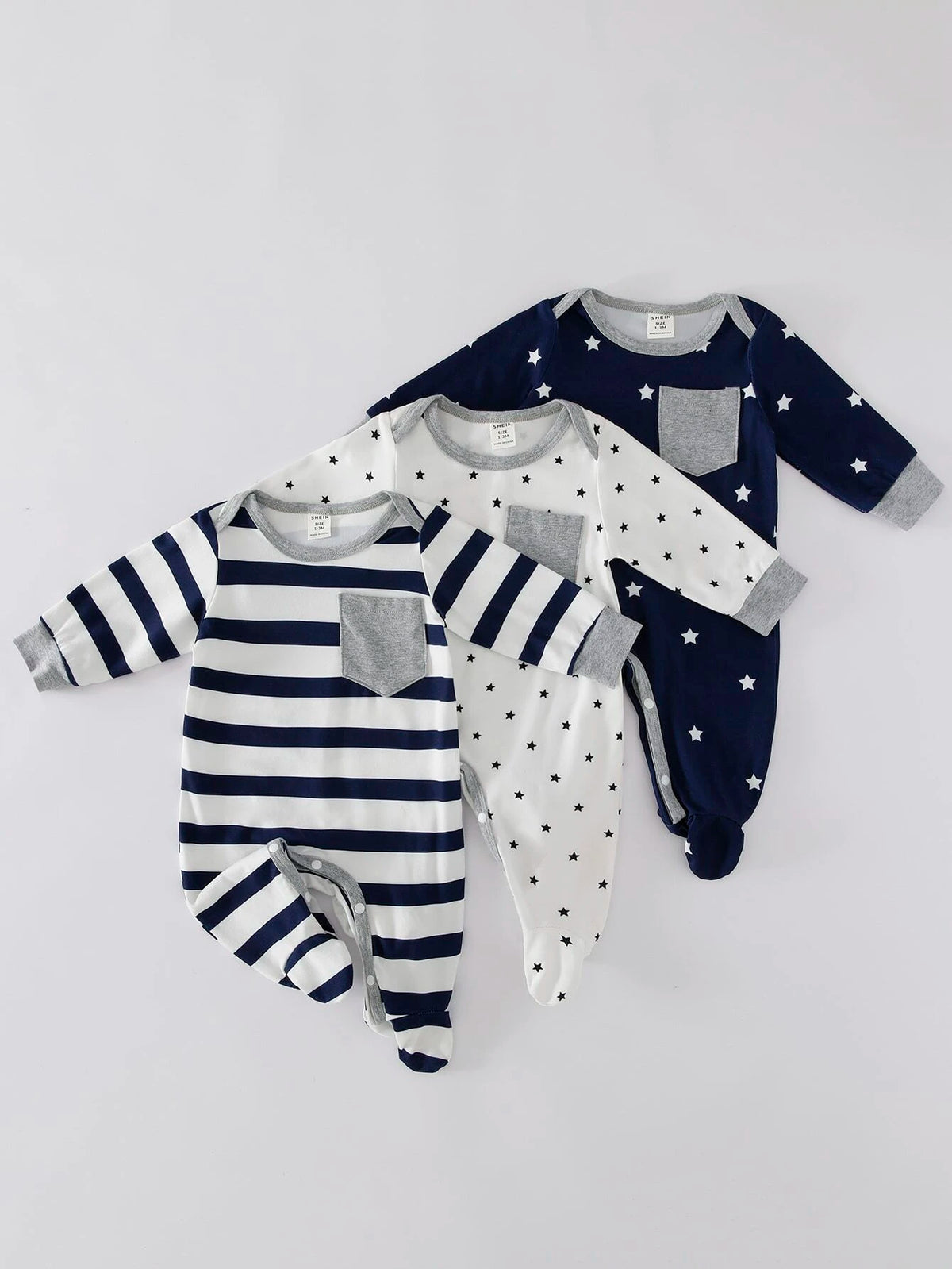 Baby 3pcs Striped & Star Print Footed Sleep Jumpsuit