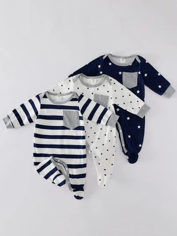 Baby 3pcs Striped & Star Print Footed Sleep Jumpsuit