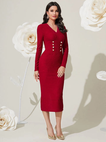 Modely Button Detail Split Back Bodycon Dress