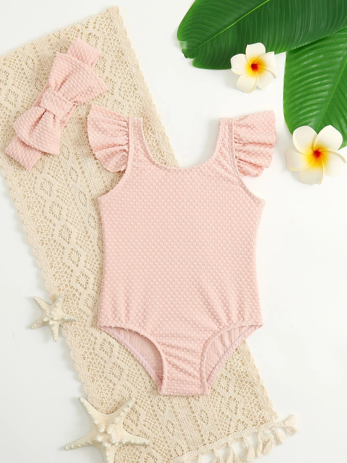 Baby Ruffle Trim One Piece Swimsuit With Headband