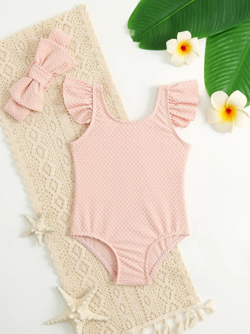 Baby Ruffle Trim One Piece Swimsuit With Headband