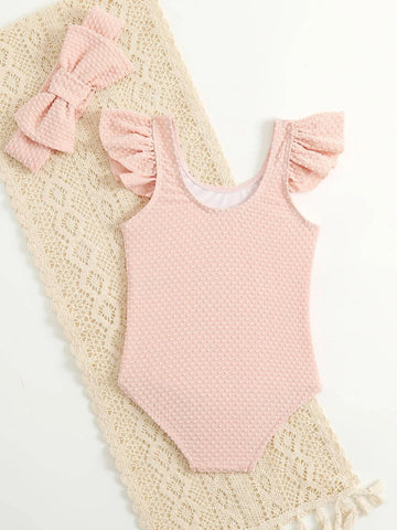 Baby Ruffle Trim One Piece Swimsuit With Headband