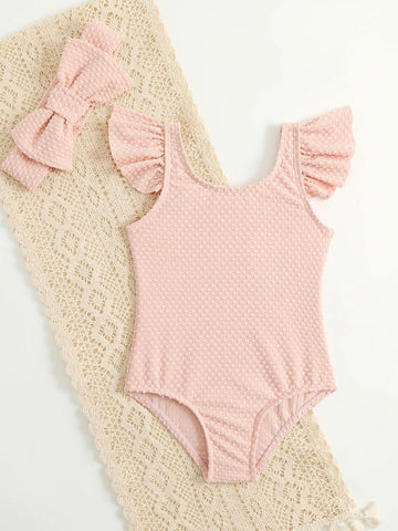 Baby Ruffle Trim One Piece Swimsuit With Headband