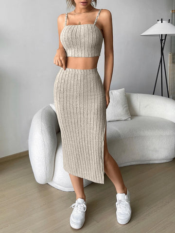 Solid Cami Top & Split Thigh Skirt