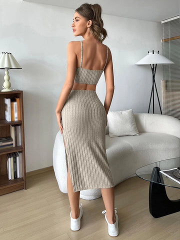 Solid Cami Top & Split Thigh Skirt