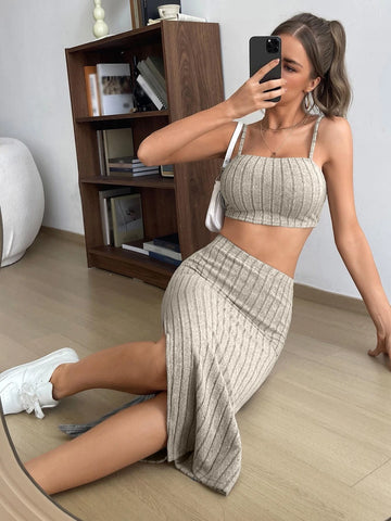 Solid Cami Top & Split Thigh Skirt