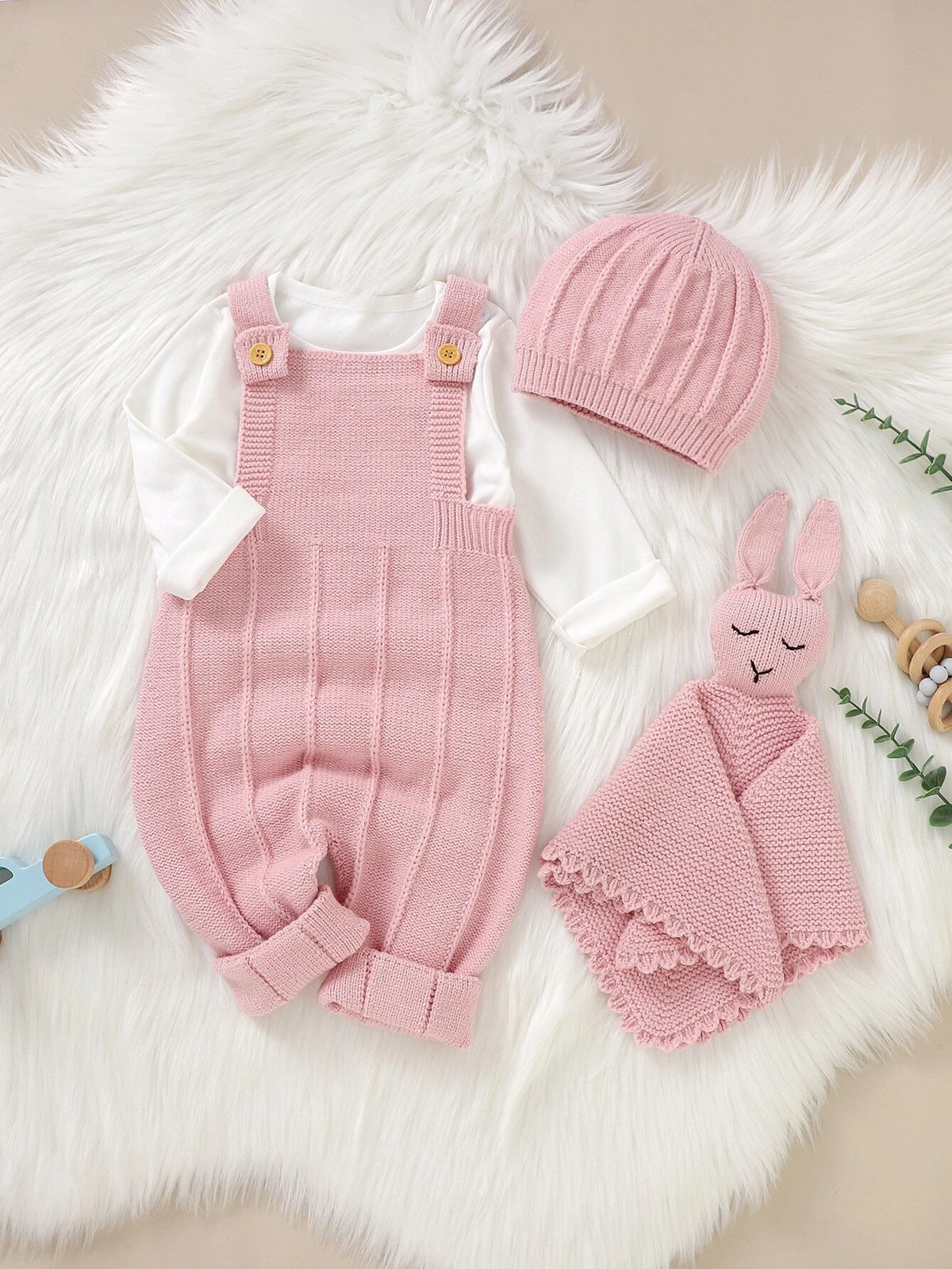 Baby Crisscross Back Knit Jumpsuit & Hat & Rabbit Soothing Towel Without Tee