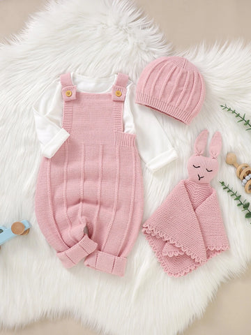 Baby Crisscross Back Knit Jumpsuit & Hat & Rabbit Soothing Towel Without Tee
