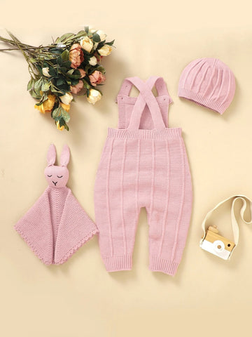 Baby Crisscross Back Knit Jumpsuit & Hat & Rabbit Soothing Towel Without Tee