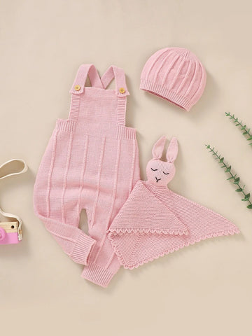 Baby Crisscross Back Knit Jumpsuit & Hat & Rabbit Soothing Towel Without Tee