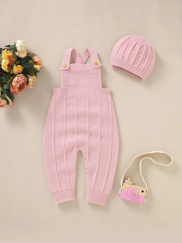 Baby Crisscross Back Knit Jumpsuit & Hat & Rabbit Soothing Towel Without Tee