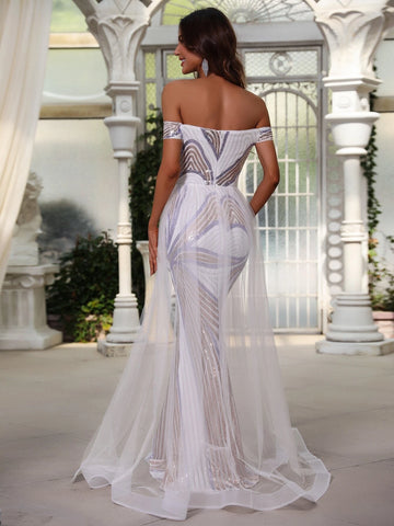 Mesh Overlay Sequin Prom Dress