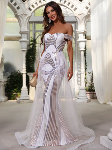 Mesh Overlay Sequin Prom Dress