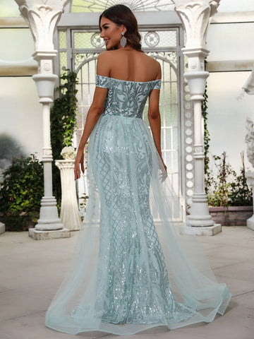 Off Shoulder Mermaid Hem Sequin Formal Dress