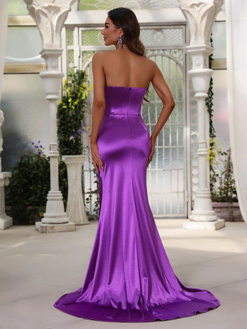 Ruched Side Split Thigh Satin Tube Formal Dress