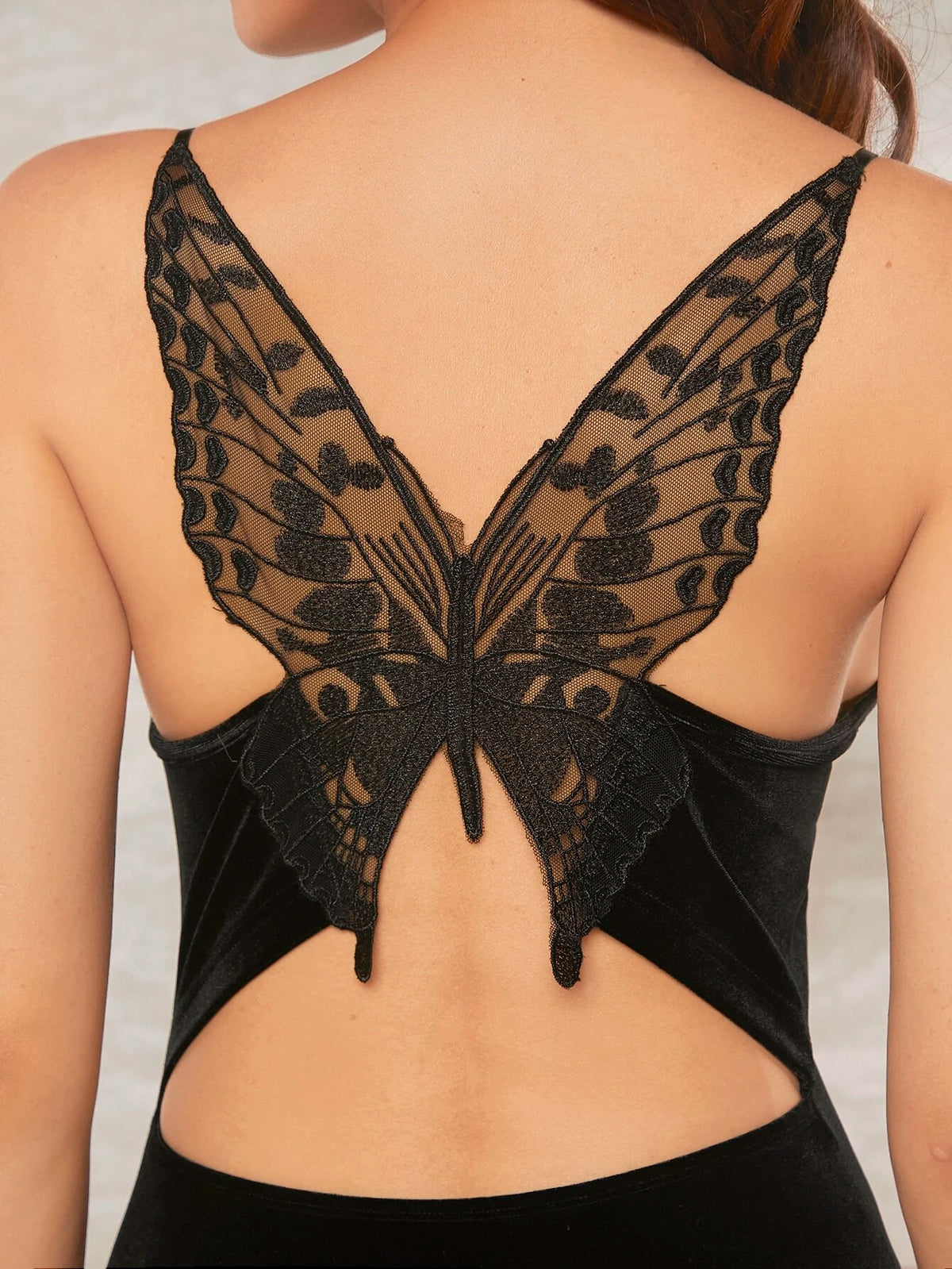 Butterfly Lace Insert Open Back Velvet Bodycon Dress