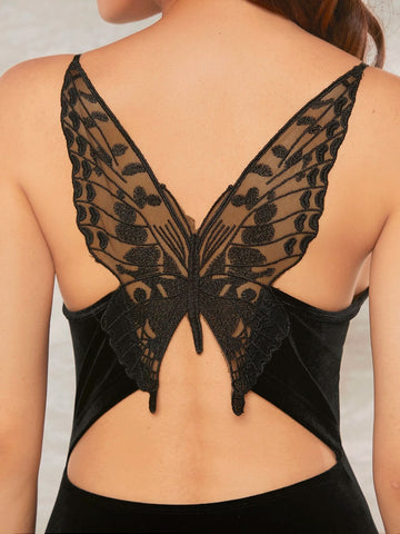 Butterfly Lace Insert Open Back Velvet Bodycon Dress