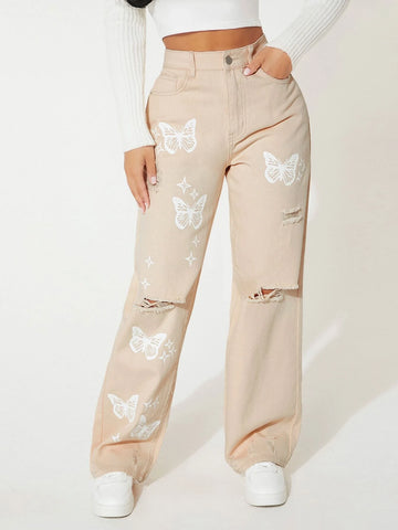 PETITE Butterfly Print Ripped Straight Leg Jeans