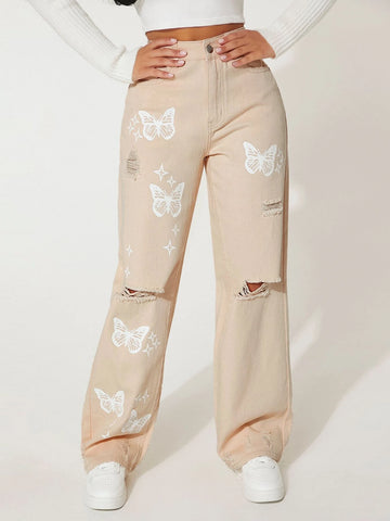 PETITE Butterfly Print Ripped Straight Leg Jeans
