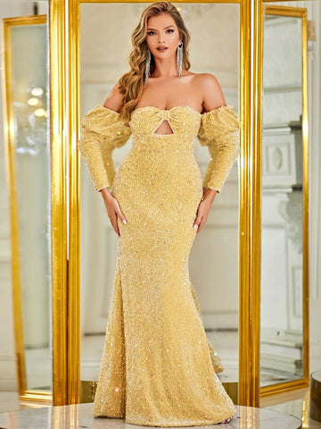 Off Shoulder Cut Out Mermaid Hem Sequin Formal Dress