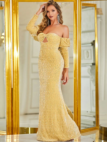 Off Shoulder Cut Out Mermaid Hem Sequin Formal Dress