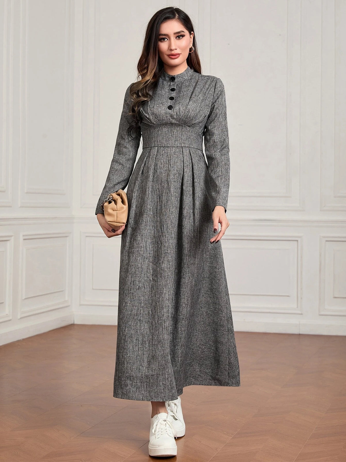 Mock Neck Button Front Dress
