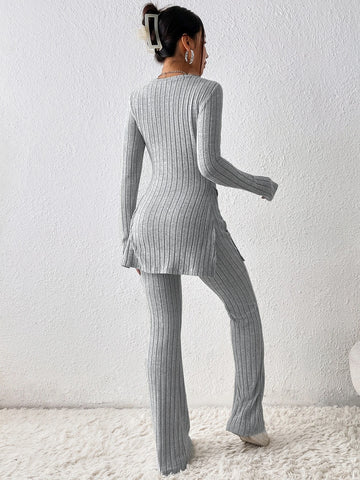 Solid Split Hem Tee & Flare Leg Pants